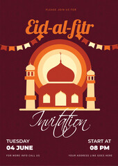 Poster - Eid-Al-Fitr Invitation card design with mosque illustration and event details on brown background.