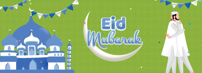 Wall Mural - Realistic view of mosque and crescent moon on green background for Eid Mubarak celebration.