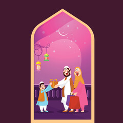 Poster - Concept of Eid Sale. Cartoon character of Islamic couple wishing and giving gift to a child on occasion of Islamic Festival Eid Mubarak.