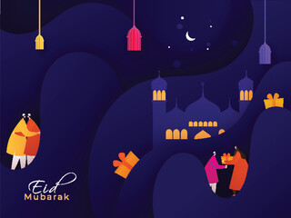 Canvas Print - Paper cut poster and banner design with illustration of young men and women hugging each other and giving gift in occasion of Islamic Festival Eid Mubarak.