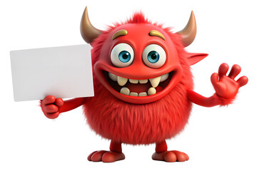 Cute Cartoon red Monster Character Holding a Blank Sign with Space for Copy, on white and transparent background.