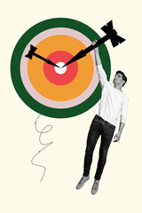 Poster - Image collage sketch of young handsome man hunging holding huge big arrow isolated on painted background