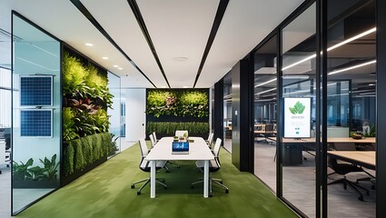 modern office building with green trees and sunlight , eco friendly and ecological responsible business concept