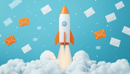 A colorful 3D rocket launching amidst floating envelopes, symbolizing communication and innovation in a digital world.