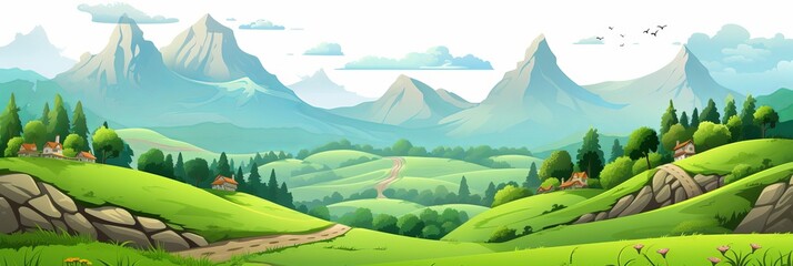 Lush green landscape with rolling hills, mountains, and quaint houses under a clear sky