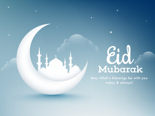 Poster - Realistic silhouette of moon and mosque on sky view background for Eid Mubarak Celebration poster or banner design.