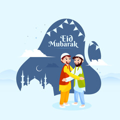 Wall Mural - Beautiful poster and banner design with illustration of young happy men hugging each other in occasion of Islamic Festival Eid Mubarak.