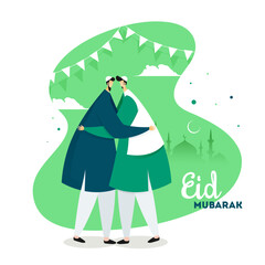 Canvas Print - Faceless Muslim men hugging each other. Creative bunting decoration on green background for Islamic Festival celebration Eid Mubarak.