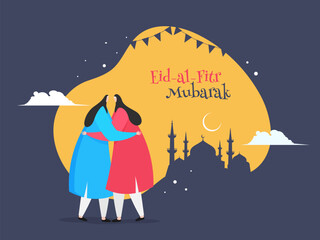 Sticker - Cartoon character of Islamic women hugging each other in Eid Mubarak Festival celebration. Retro style poster or banner design.