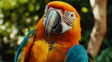 Close-up of a cute parrots head, its bright orange and blue feathers shimmering as it looks curiously into the camera.