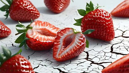 Vibrant close-up of split strawberry revealing juicy interior against a pristine white backdrop