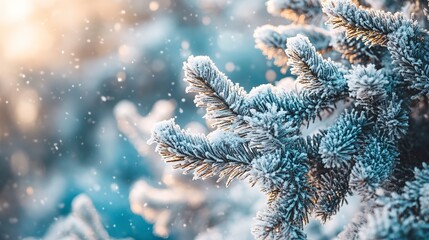 Wall Mural - Closeup of snowcovered pine trees, focus on winter wonderland and frosty branches, outdoor forest scene