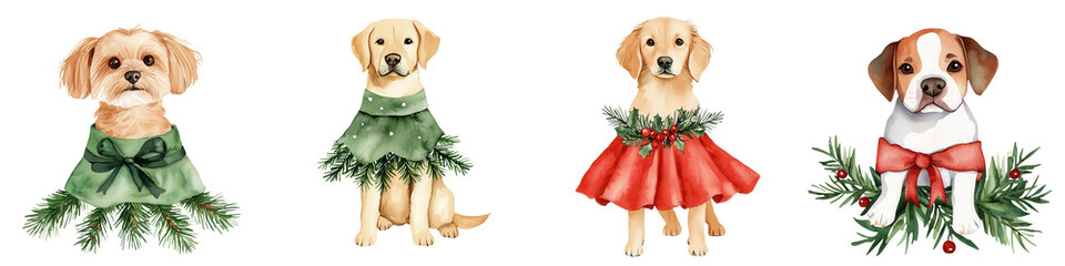 Adorable dogs in festive dresses, perfect for celebrating the holiday season with joy and charm.