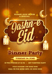 Poster - Jashn-e-eid dinner party template or flyer design with illuminated lantern moon on shiny brown background.