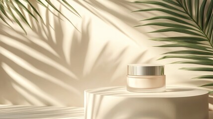 Canvas Print - Elegant neutral backdrop with tropical palm leaf shadows for showcasing cosmetic products on a sleek round podium for a sophisticated presentation.