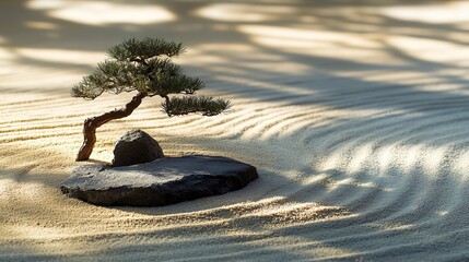 Poster - Japanese zen garden with miniature pine tree and mountain shadow