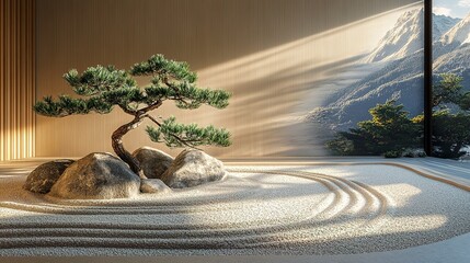 Poster - Japanese zen garden with miniature pine tree and mountain shadow 