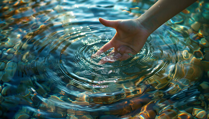 Woman touching clear water, closeup. Making ripples