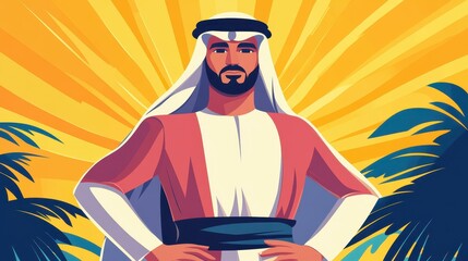 Canvas Print - A illustration of an Arabian man standing confidently with hands on his waist, set against a clean background.