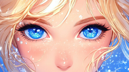 Poster - A stunning blonde girl with bright blue eyes, illustrated in vibrant anime style, capturing a whimsical fantasy vibe.