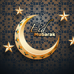 Sticker - Arabic calligraphy text Eid Mubarak with golden crescent moon and stars on black floral pattern background for Islamic festival celebration concept.