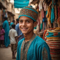 Young middle eastern boy with dark hair wearing traditional turquoise and gold outfit, smiling in crowded market setting