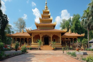 Walking towards a beautiful buddhist temple in bangkok thailand