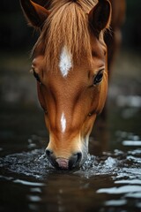 Chestnut horse drinking water from a pond