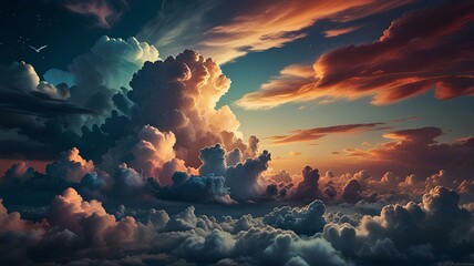 Dreamy Skies. Surreal clouds floating islands and magical light creating peace and wonder. Realistic style.