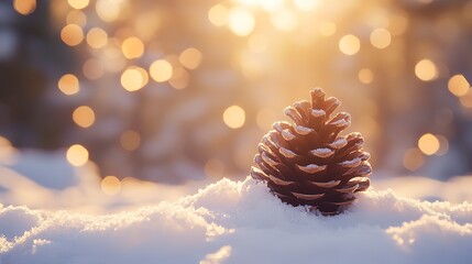 Wall Mural - A serene winter scene featuring a pine cone nestled in soft snow, illuminated by warm sunlight and sparkling bokeh effects.