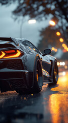 Black sports car in the rain, high quality wallpaper