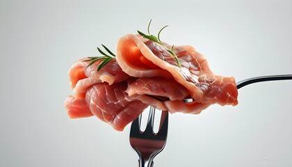 Realistic depiction of raw meat slices on a fork against a minimalist white background