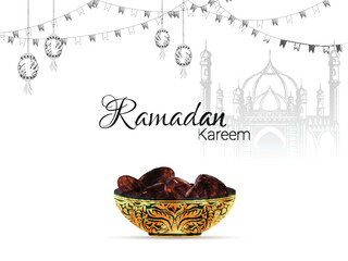 Poster - Realistic design of sweets bowl and decorative hanging lamps with bunting decoration on white background for holy month of muslim community Ramadan Kareem Celebration.