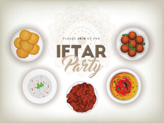 Sticker - Iftar Party Celebration poster or flyer design with illustration of different type food on white background.