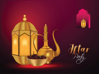 Wall Mural - Iftar Party celebration poster or banner design with realistic illuminated lantern, arabic jug and sweet dates on shiny background.