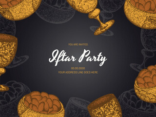 Sticker - Stylish golden color of sweets bowl and glass on gray background for Iftar Party Celebration Card, space for your detail text.