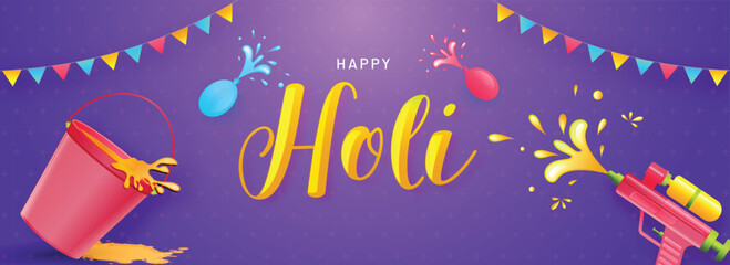 Canvas Print - Happy Holi festival celebration header banner or poster design on purple background with water gun, color bucket and  bunting decoration.