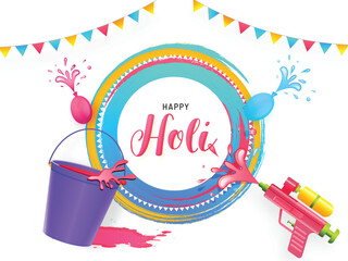 Sticker - Happy Holi festival celebration poster or flyer with illustration of water gun and color bucket of paint stroke background.