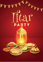 Canvas Print - Iftar Party Celebration poster or flyer design with illustration of illuminated lantern and different type of food on red background.