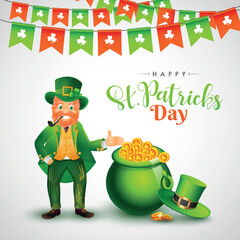 Sticker - St. Patricks's Day Background with Happy Leprechaun's indicating towards coins pot.