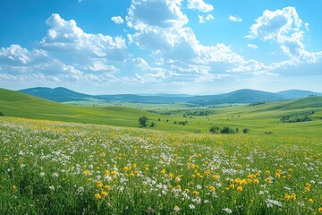 Green grass growing on vast field with mountains under blue cloudy sky