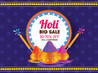 Sticker - Vector illustration of color pots and water guns on purple background for Holi Big Sale poster or banner design.