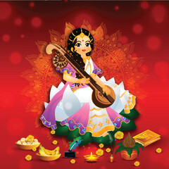 Sticker - Beautiful greeting card design with goddess saraswati character in sitting pose on red bokeh background on the occasion of Vasant Panchami.