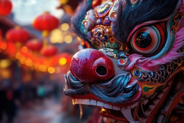 Close-up of a vibrant and ornate Chinese dragon, filled with detailed craftsmanship and vivid colors, set against a backdrop of lanterns glowing during a traditional festival.