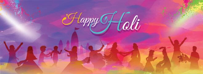 Sticker - Silhouette of dancing people on the occasion of Indian festival holi on color splash background.