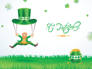 Poster - Happy leprechaun man with hat and cauldron illustration for St Patricks Day poster or banner design.