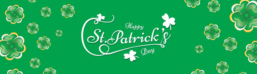 Poster - Calligraphy of St Patrick's Day on green background decorated with clover leaves. Header or banner design.