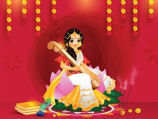 Sticker - Beautiful greeting card design with goddess saraswati character in sitting pose on the occasion of Vasant Panchami.