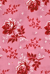 A pattern of red and white roses and leaves on a pink background. vintage and romantic style.Close-up view of a patterned textile with a floral design in red, blue, and green on a beige background.