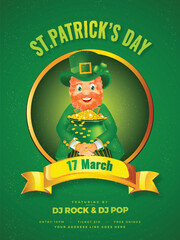 Sticker - St. Patrick's Day party template or flyer design with happy leprechaun man holding coin pot on green background.